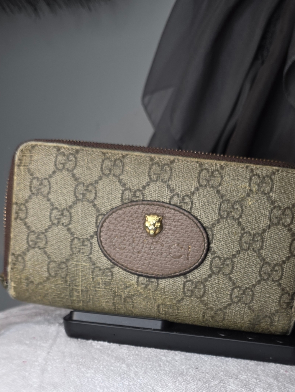 Authentic Gucci Monogram Zip Around Wallet in Beige/Brown